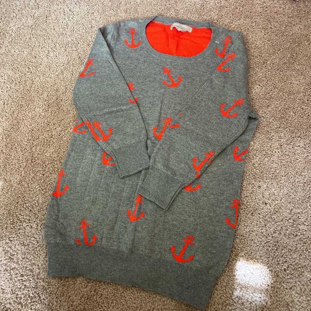 Banana Republic Gray Crewneck Sweater with Orange Anchor Pattern